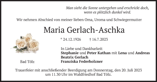 Todesanzeige von Maria Gerlach-Aschka von merkurtz