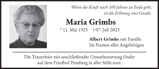 Todesanzeige von Maria Grimbs von Das Gelbe Blatt Penzberg