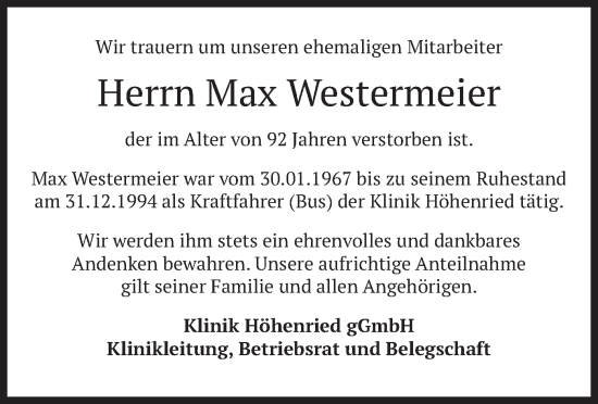 Todesanzeige von Max Westermeier von merkurtz