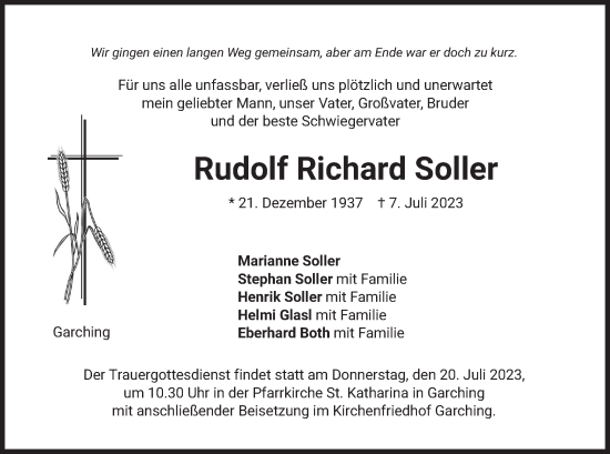 Todesanzeige von Rudolf Richard Soller von merkurtz
