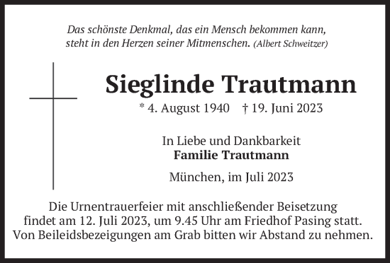 Todesanzeige von Sieglinde Trautmann von merkurtz