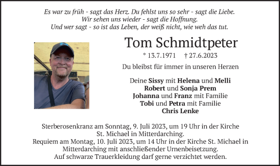 Todesanzeige von Tom Schmidtpeter von merkurtz