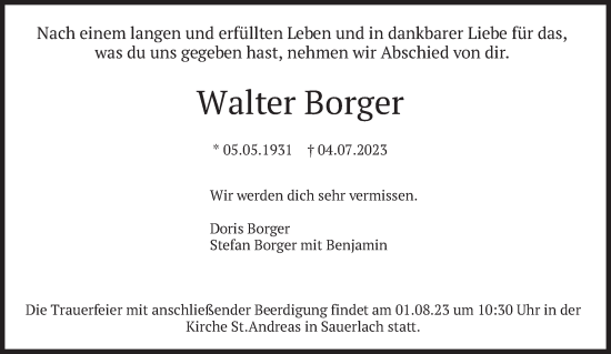 Todesanzeige von Walter Borger von merkurtz