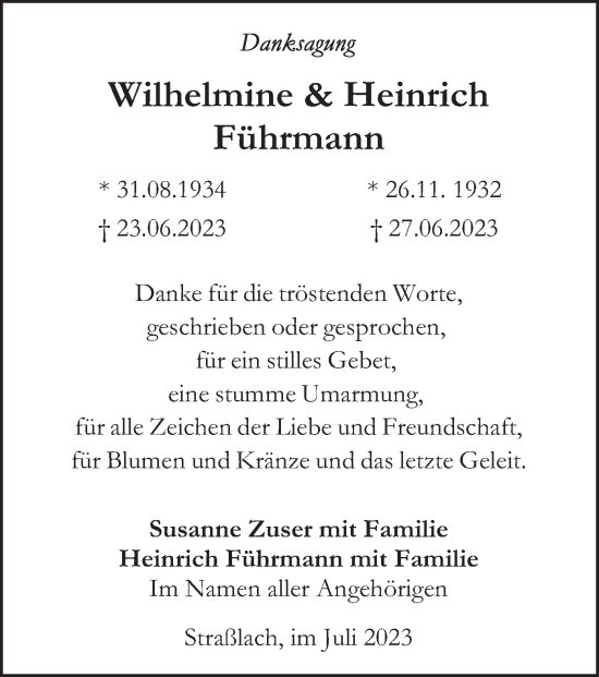 Todesanzeige von Wilhelmine und Heinrich Heinrich von merkurtz