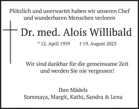 Todesanzeige von Alois Willibald von merkurtz