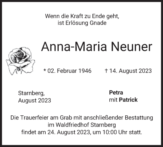 Todesanzeige von Anna-Maria Neuner von merkurtz