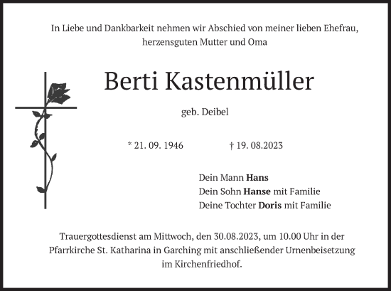 Todesanzeige von Berti Kastenmüller von merkurtz