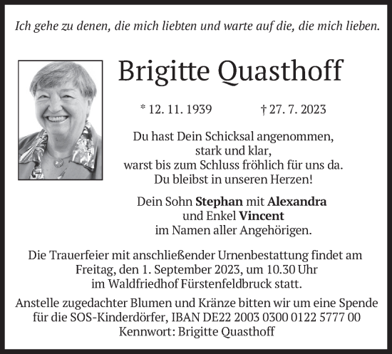 Todesanzeige von Brigitte Ouasthoff von merkurtz