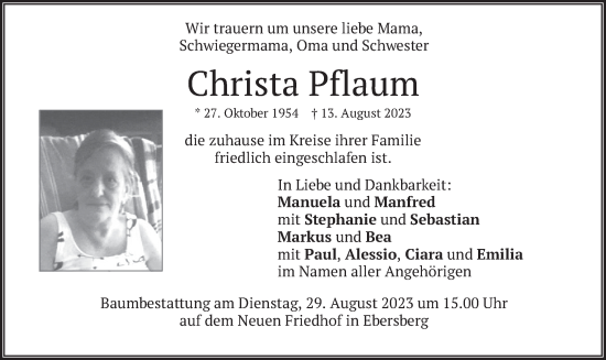 Todesanzeige von Christa Pflaum von merkurtz