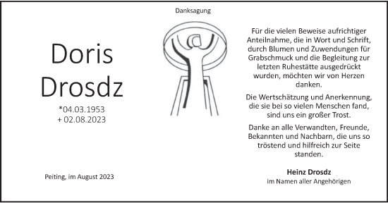 Todesanzeige von Doris Drosdz von merkurtz