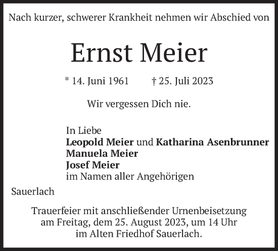 Todesanzeige von Ernst Meier von merkurtz