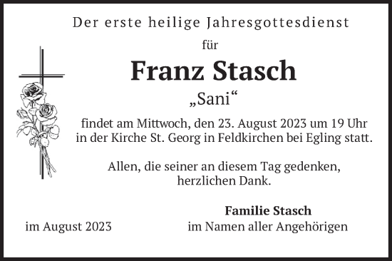 Todesanzeige von Franz Stasch von merkurtz