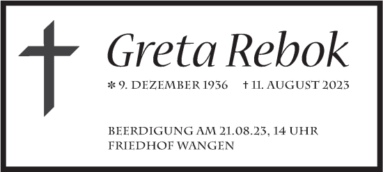 Todesanzeige von Greta Rebok von merkurtz