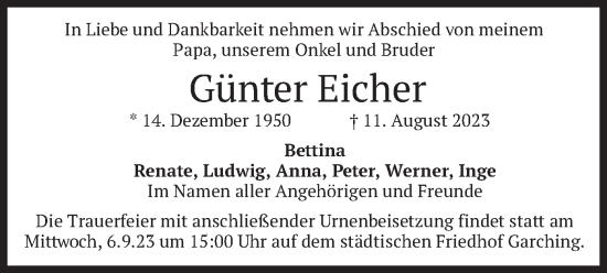 Todesanzeige von Günter Eicher von merkurtz