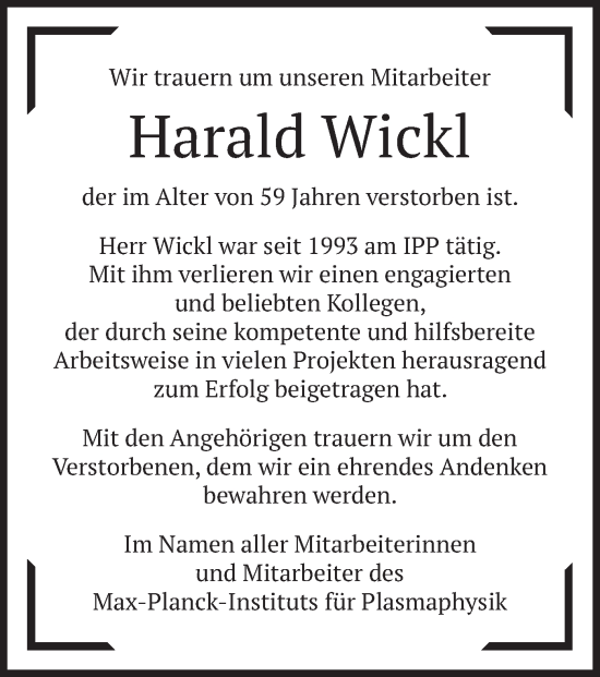 Todesanzeige von Harald Wickl von merkurtz