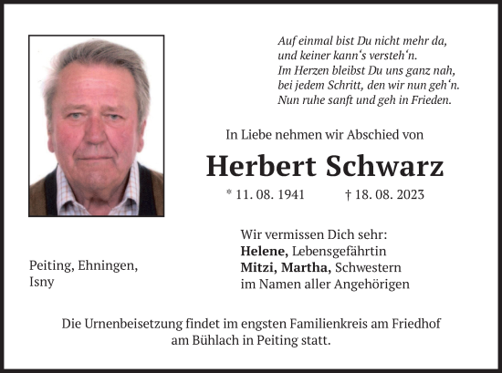 Todesanzeige von Herbert Schwarz von merkurtz