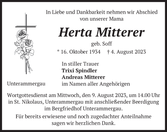 Todesanzeige von Herta Mitterer von merkurtz