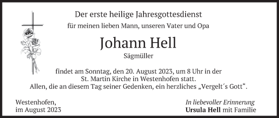 Todesanzeige von Johann Hell von merkurtz