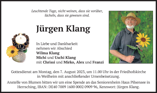Todesanzeige von Jürgen Klang von merkurtz