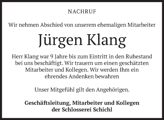 Todesanzeige von Jürgen Klang von merkurtz