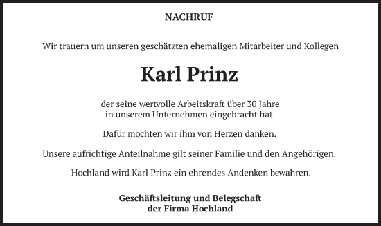 Todesanzeige von Karl Prinz von merkurtz