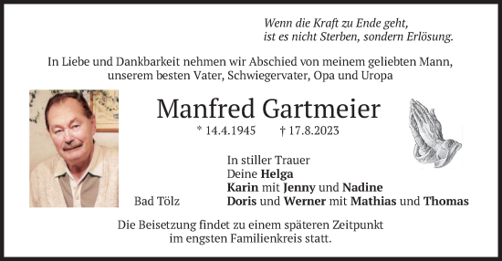 Todesanzeige von Manfred Gartmeier von merkurtz