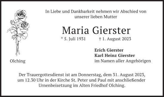 Todesanzeige von Maria Gierster von merkurtz