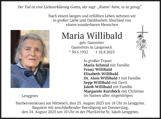 Todesanzeige von Maria Willibald von merkurtz