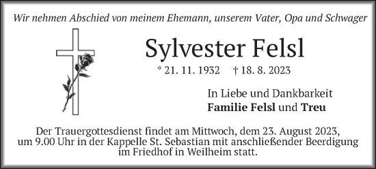 Todesanzeige von Sylvester Felsl von merkurtz