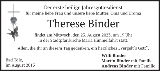 Todesanzeige von Therese Binder von merkurtz