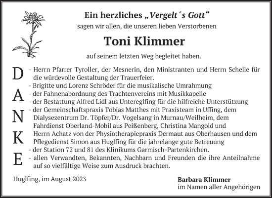Todesanzeige von Toni Klimmer von merkurtz