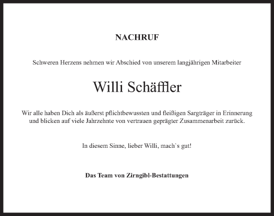 Todesanzeige von Willi Schäffler von merkurtz