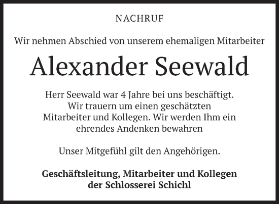 Todesanzeige von Alexander Seewald von merkurtz
