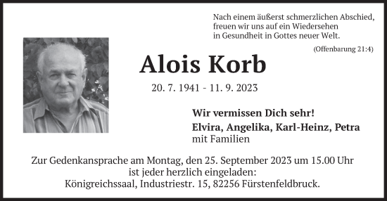 Todesanzeige von Alois Korb von merkurtz
