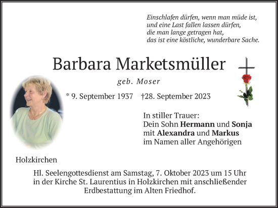 Todesanzeige von Barbara Marketsmüller von merkurtz