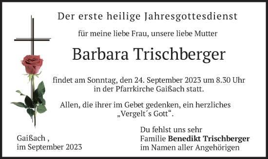 Todesanzeige von Barbara Trischberger von merkurtz