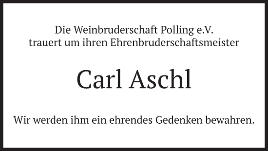 Todesanzeige von Carl Aschl von merkurtz