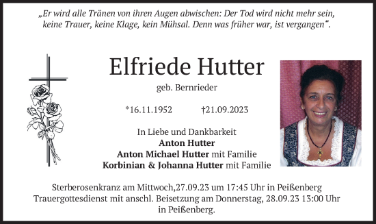 Todesanzeige von Elfriede Hutter von merkurtz