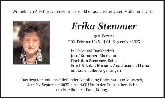 Todesanzeige von Erika Stemmer von merkurtz