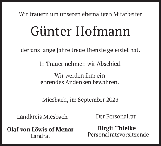 Todesanzeige von Günter Hofmann von merkurtz