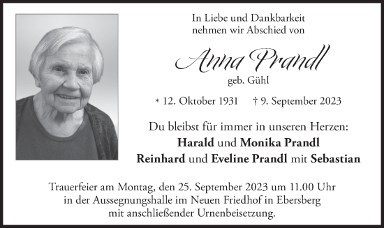Todesanzeige von HAnna Prandl von merkurtz