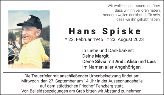 Todesanzeige von Hans Spiske von Das Gelbe Blatt Penzberg