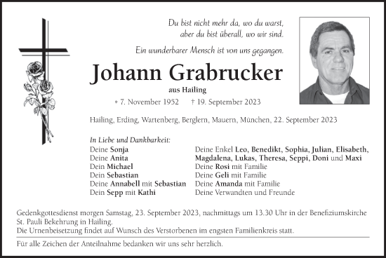 Todesanzeige von Johann Grabrucker von merkurtz