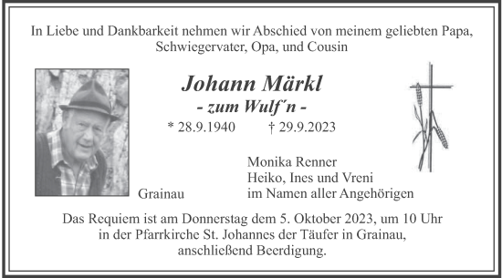 Todesanzeige von Johann Märkl von merkurtz