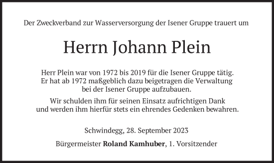 Todesanzeige von Johann Plein von merkurtz