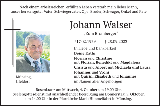 Todesanzeige von Johann Walser von merkurtz
