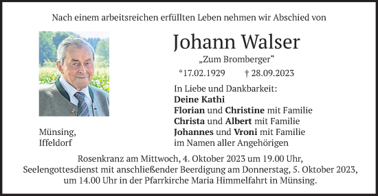 Todesanzeige von Johann Walser von merkurtz