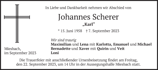 Todesanzeige von Johannes Scherer von merkurtz