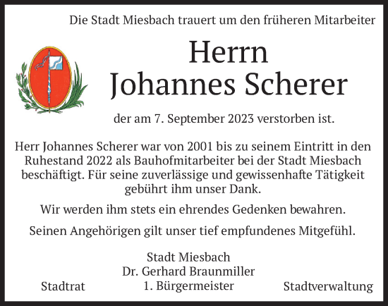 Todesanzeige von Johannes Scherer von merkurtz