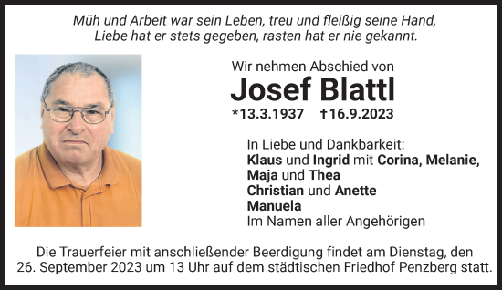 Todesanzeige von Josef Blattl von Das Gelbe Blatt Penzberg